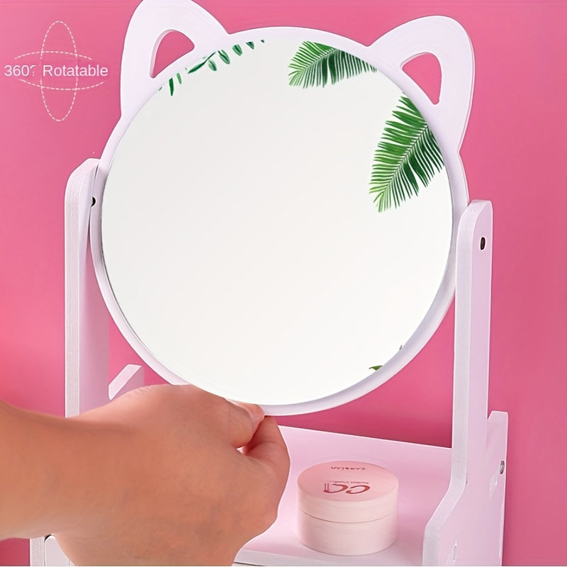 Cute Cat Ear Makeup Mirror with Storage Drawers | Tabletop Vanity Organizer