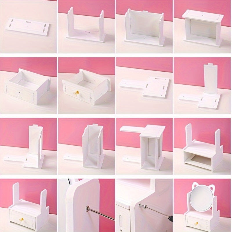 Cute Cat Ear Makeup Mirror with Storage Drawers | Tabletop Vanity Organizer