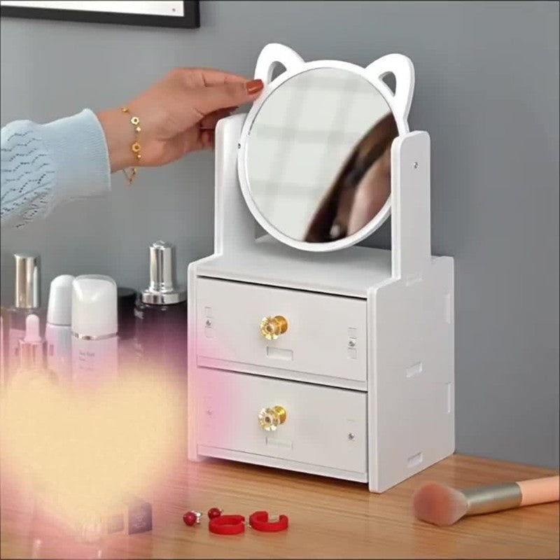 Cute Cat Ear Makeup Mirror with Storage Drawers | Tabletop Vanity Organizer