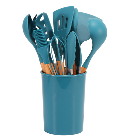 Silicone Kitchen Tool Set - 12 Pieces with Bamboo Handles Heat Resistant
