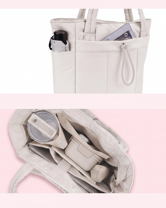 Quilted Puffer Carry Bag with Cup Holder and Laptop Compartment | For Travel and Work Tote with Cup Holder & Laptop Sleeve | Travel and Work