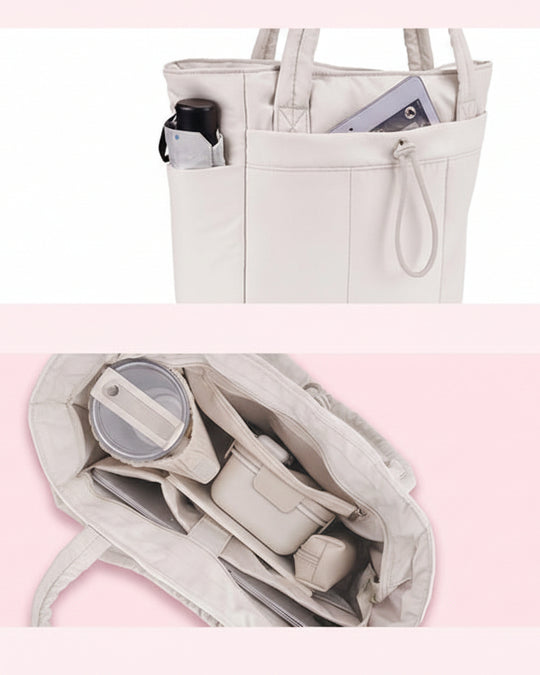 Quilted Puffer Carry Bag with Cup Holder and Laptop Compartment | For Travel and Work Tote with Cup Holder & Laptop Sleeve | Travel and Work