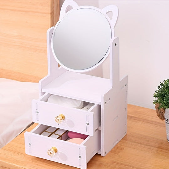 Cute Cat Ear Makeup Mirror with Storage Drawers | Tabletop Vanity Organizer