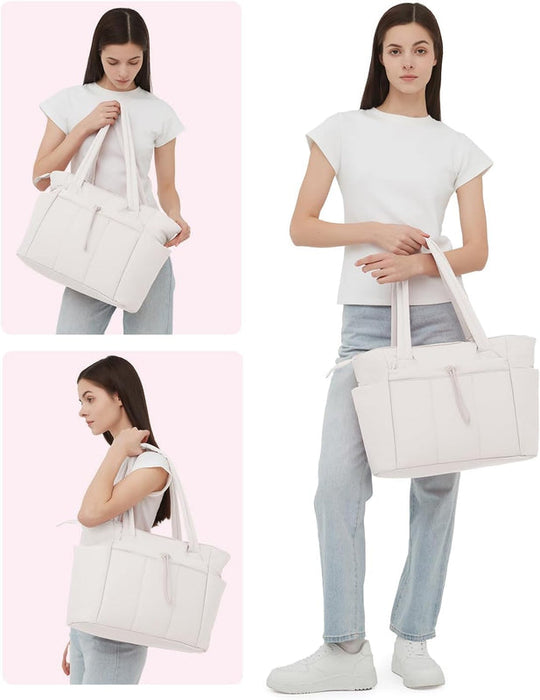 Quilted Puffer Carry Bag with Cup Holder and Laptop Compartment | For Travel and Work Tote with Cup Holder & Laptop Sleeve | Travel and Work