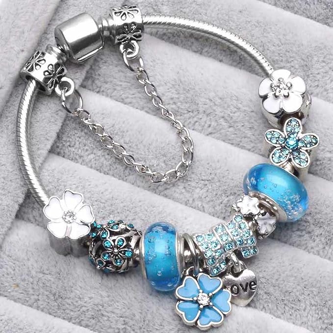 Sterling Zilveren Bedelarmband | Bloemen Blauwe Kristal Kraal Sieraad Cadeau