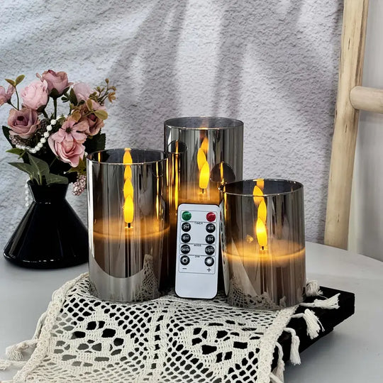 3er-Set flammenlose LED-Kerzen | Graues Säulen-Set mit Fernbedienung & realistischer 3D-Docht