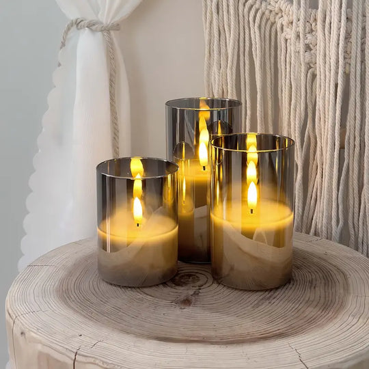 3er-Set flammenlose LED-Kerzen | Graues Säulen-Set mit Fernbedienung & realistischer 3D-Docht
