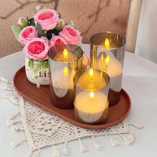 3er-Set flammenlose LED-Kerzen | Graues Säulen-Set mit Fernbedienung & realistischer 3D-Docht