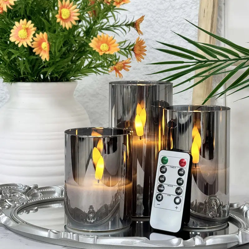 3er-Set flammenlose LED-Kerzen | Graues Säulen-Set mit Fernbedienung & realistischer 3D-Docht