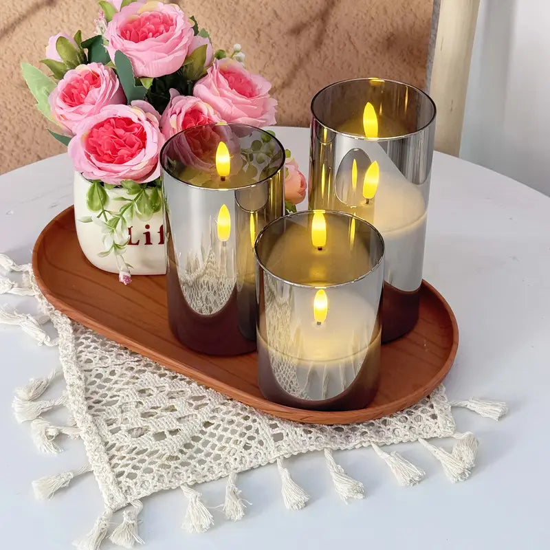 3er-Set flammenlose LED-Kerzen | Graues Säulen-Set mit Fernbedienung & realistischer 3D-Docht