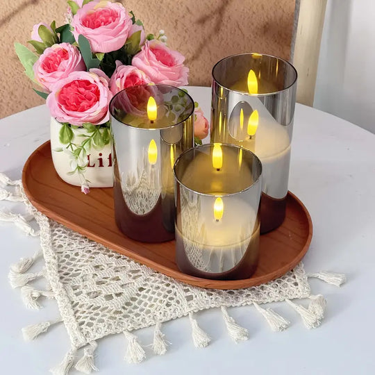 3er-Set flammenlose LED-Kerzen | Graues Säulen-Set mit Fernbedienung & realistischer 3D-Docht