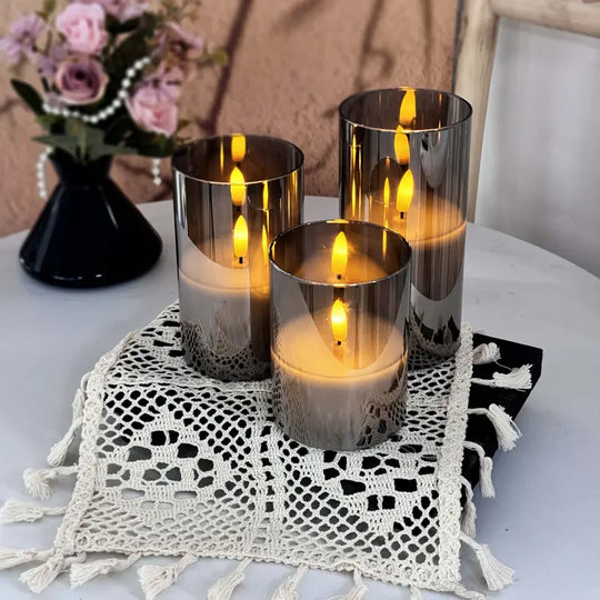 3er-Set flammenlose LED-Kerzen | Graues Säulen-Set mit Fernbedienung & realistischer 3D-Docht