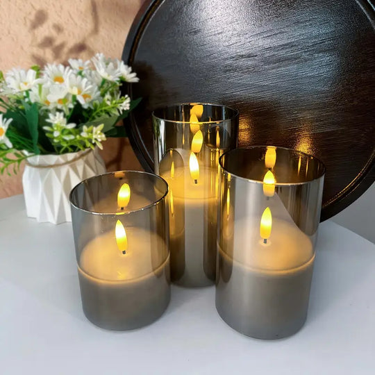 3er-Set flammenlose LED-Kerzen | Graues Säulen-Set mit Fernbedienung & realistischer 3D-Docht