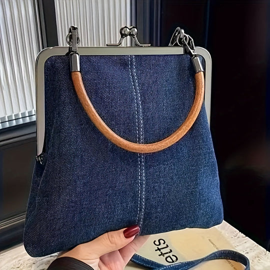 Borsa con struttura in denim blu per donna | Manico curvo marrone