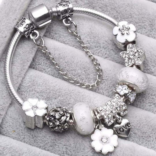 Sterling Zilveren Bedelarmband | Bloemen Blauwe Kristal Kraal Sieraad Cadeau