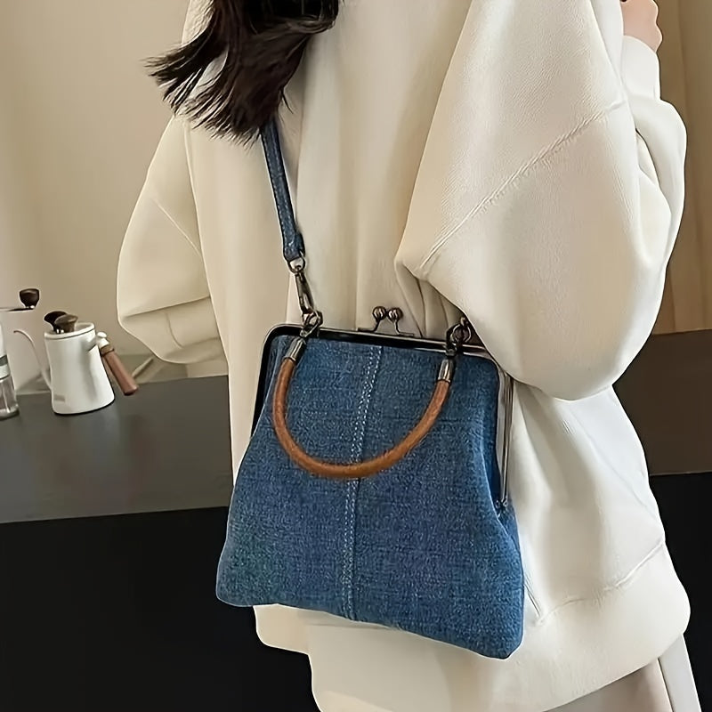 Borsa con struttura in denim blu per donna | Manico curvo marrone