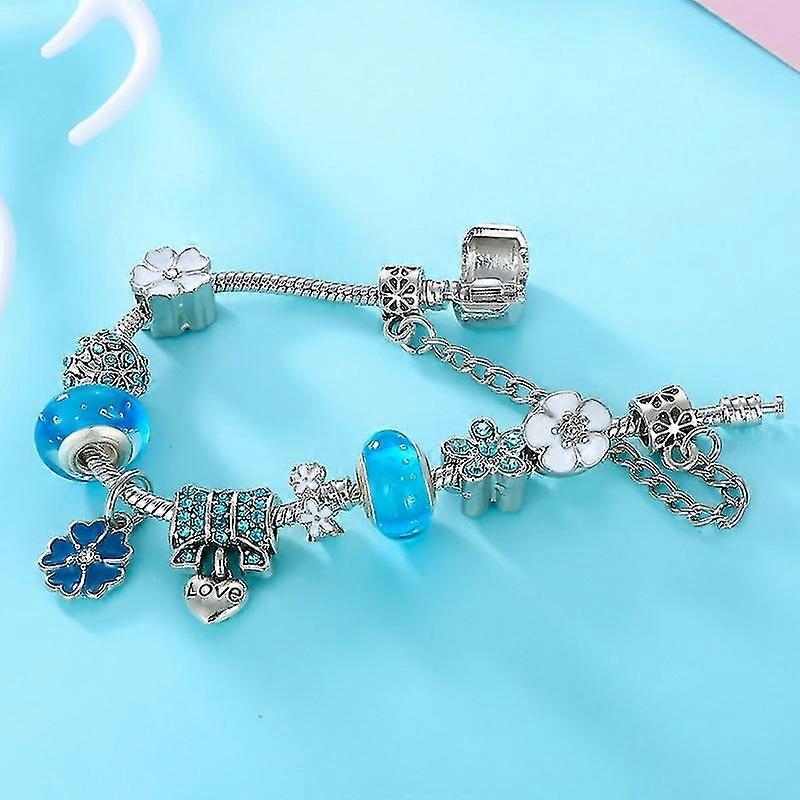 Sterling Zilveren Bedelarmband | Bloemen Blauwe Kristal Kraal Sieraad Cadeau