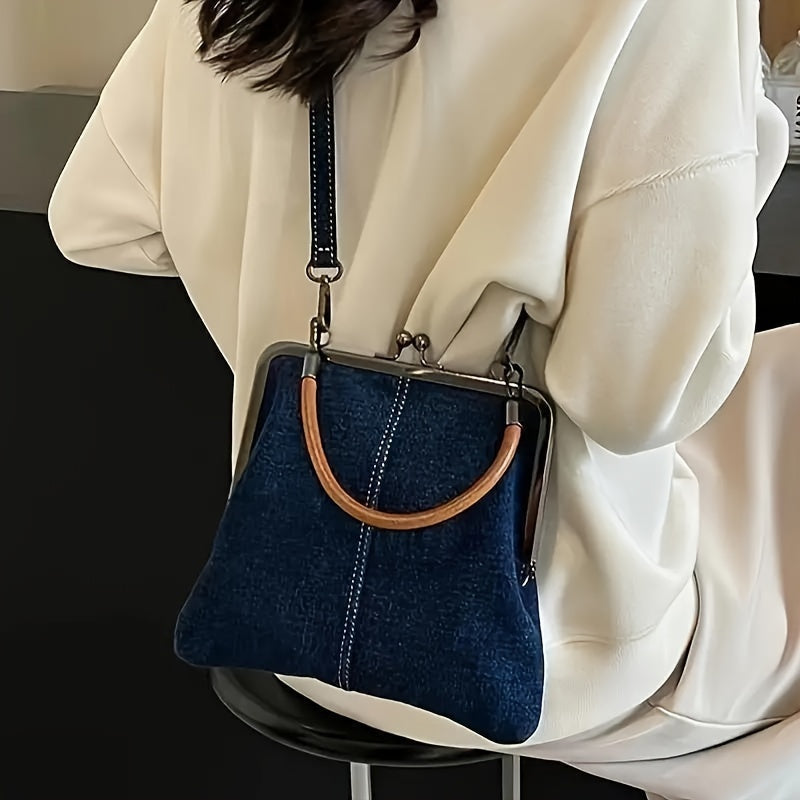 Borsa con struttura in denim blu per donna | Manico curvo marrone