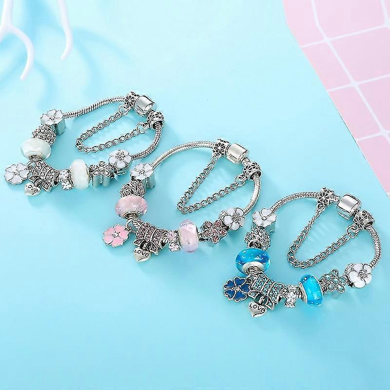 Sterling Zilveren Bedelarmband | Bloemen Blauwe Kristal Kraal Sieraad Cadeau