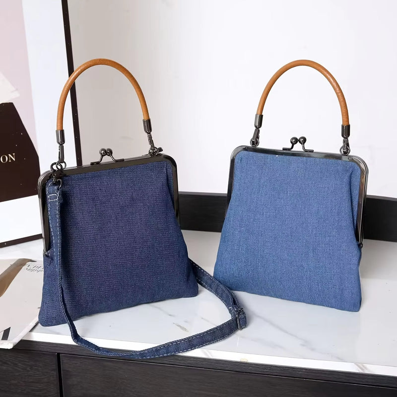 Borsa con struttura in denim blu per donna | Manico curvo marrone
