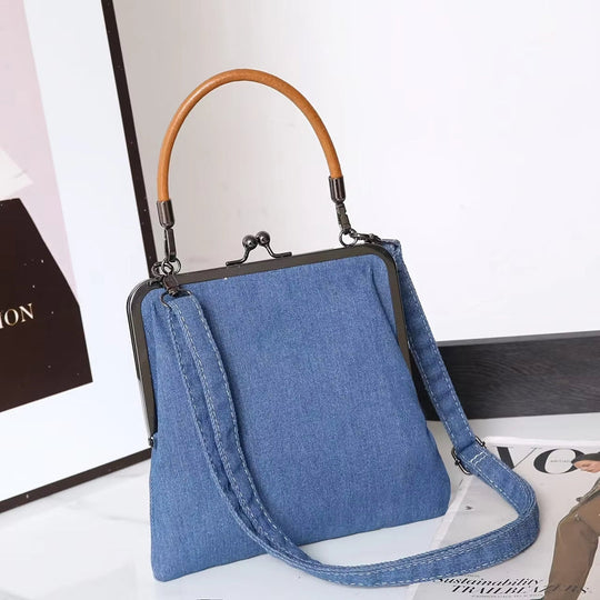 Borsa con struttura in denim blu per donna | Manico curvo marrone