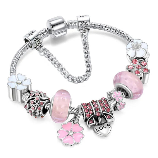 Sterling Zilveren Bedelarmband | Bloemen Blauwe Kristal Kraal Sieraad Cadeau