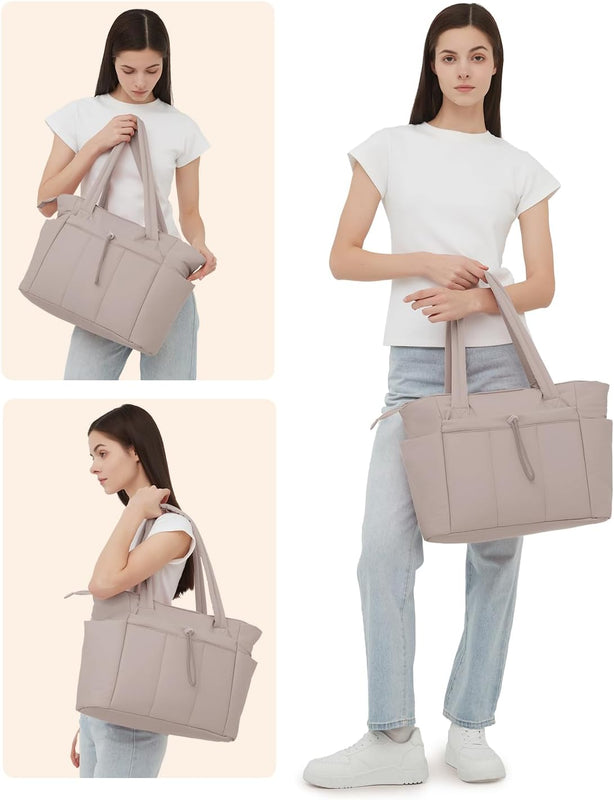 Quilted Puffer Carry Bag with Cup Holder and Laptop Compartment | For Travel and Work Tote with Cup Holder & Laptop Sleeve | Travel and Work