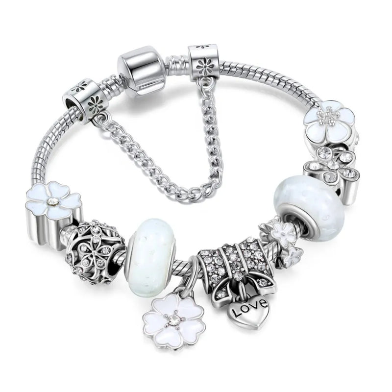 Sterling Zilveren Bedelarmband | Bloemen Blauwe Kristal Kraal Sieraad Cadeau