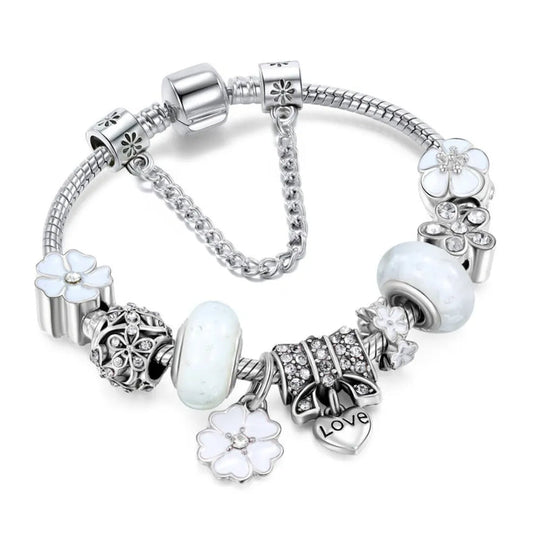Sterling Zilveren Bedelarmband | Bloemen Blauwe Kristal Kraal Sieraad Cadeau