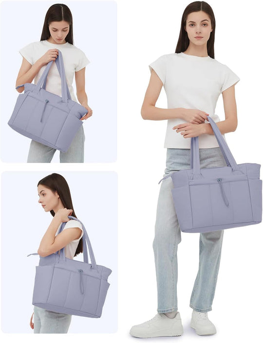 Quilted Puffer Carry Bag with Cup Holder and Laptop Compartment | For Travel and Work Tote with Cup Holder & Laptop Sleeve | Travel and Work