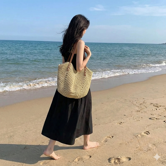 Geweven Strandtas Dames – Ruime Schoudertas voor Zomer