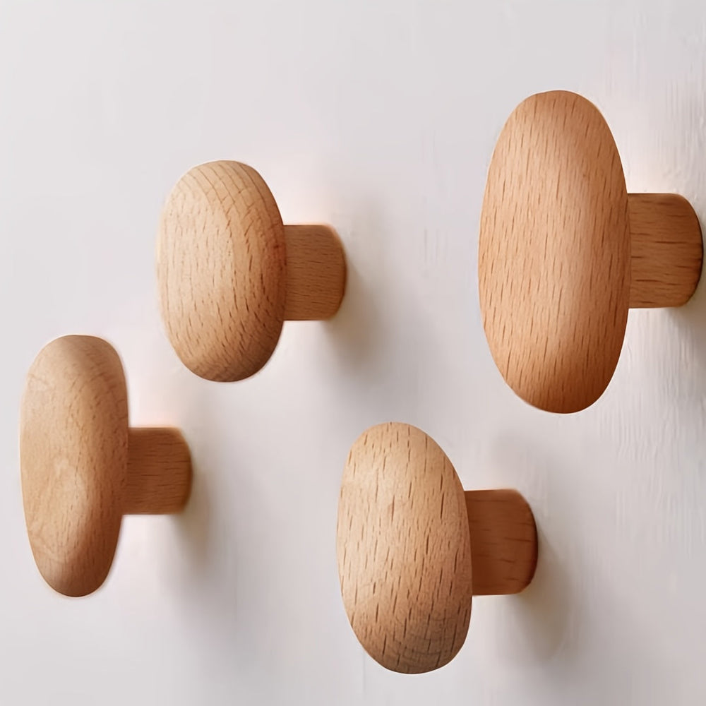 Houten Wandhaken Set – 4 Stuks Kiezelvorm Massief Hout
