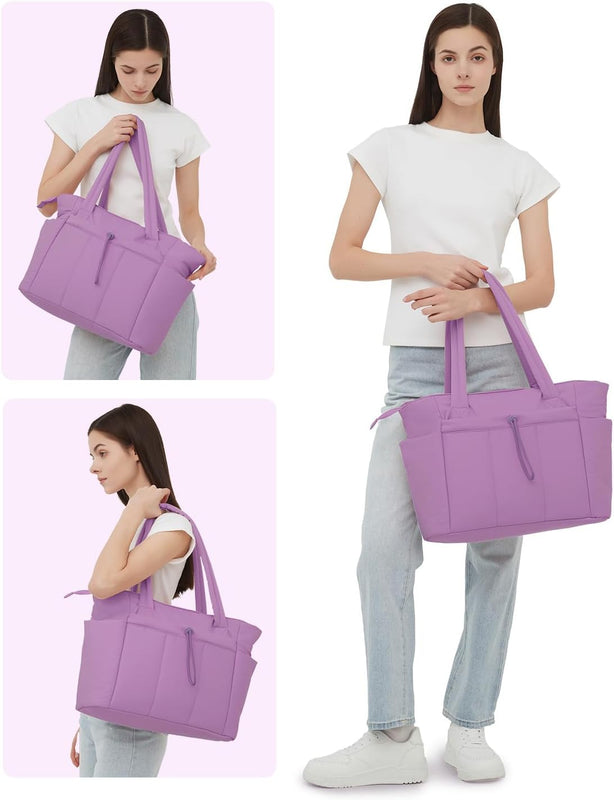 Quilted Puffer Carry Bag with Cup Holder and Laptop Compartment | For Travel and Work Tote with Cup Holder & Laptop Sleeve | Travel and Work