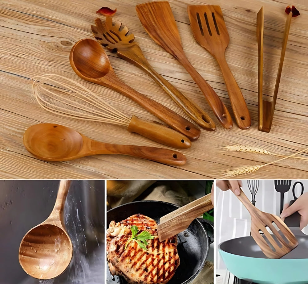 7-Piece Wooden Kitchen Set – Ergonomic Handle Pan-Friendly