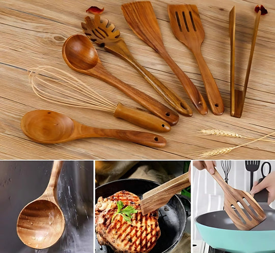 7-Piece Wooden Kitchen Set – Ergonomic Handle Pan-Friendly