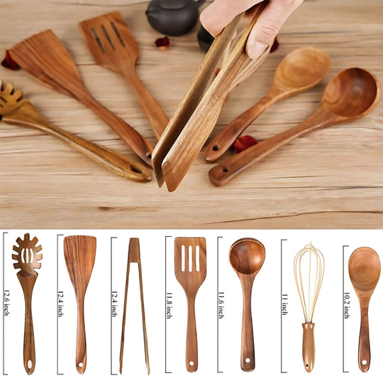 7-Piece Wooden Kitchen Set – Ergonomic Handle Pan-Friendly