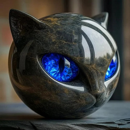 Mystische Schwarze Katzen Skulptur | Gotischer Katzenkopf Standbild Dekor Ornament