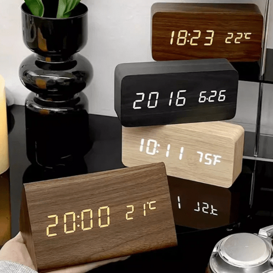Wooden Digital Alarm Clock - LED Display and Voice Control