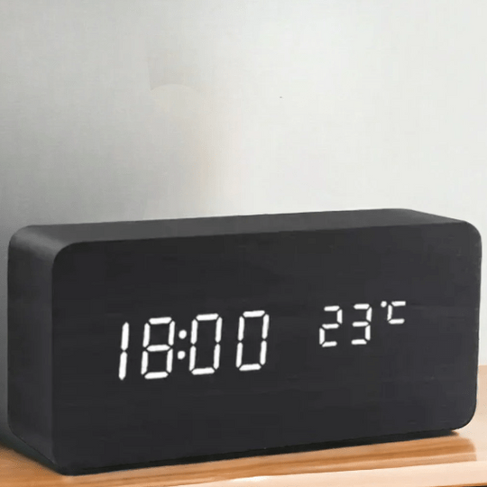 Wooden Digital Alarm Clock - LED Display and Voice Control