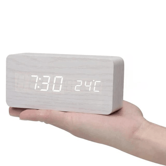 Wooden Digital Alarm Clock - LED Display and Voice Control