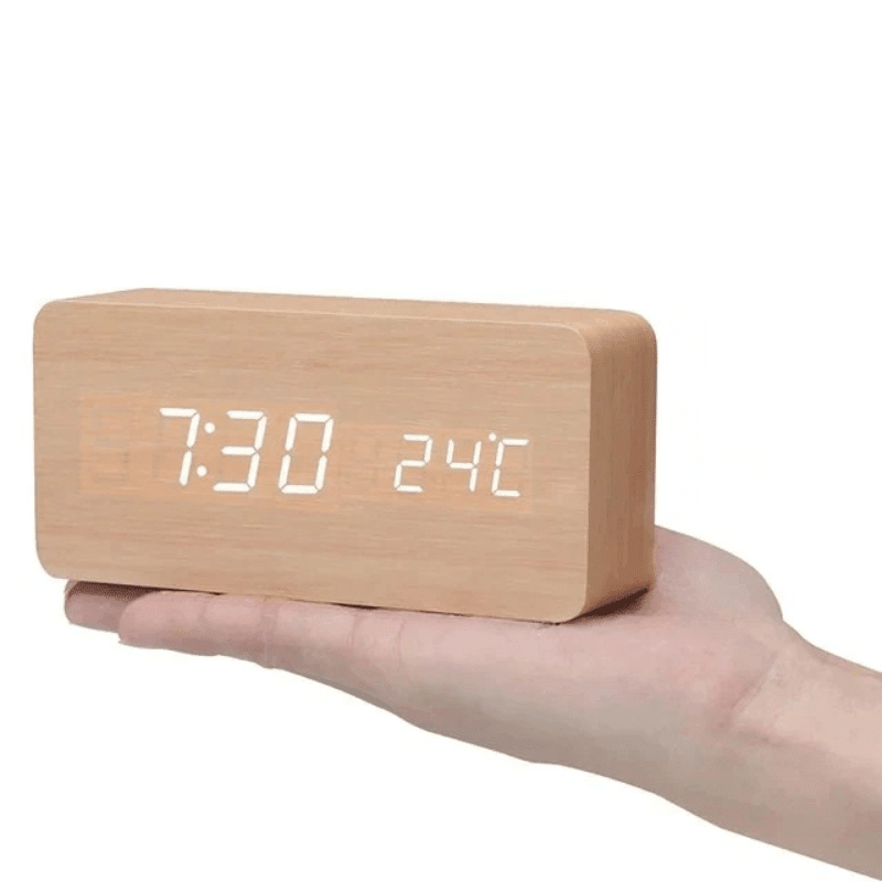 Wooden Digital Alarm Clock - LED Display and Voice Control