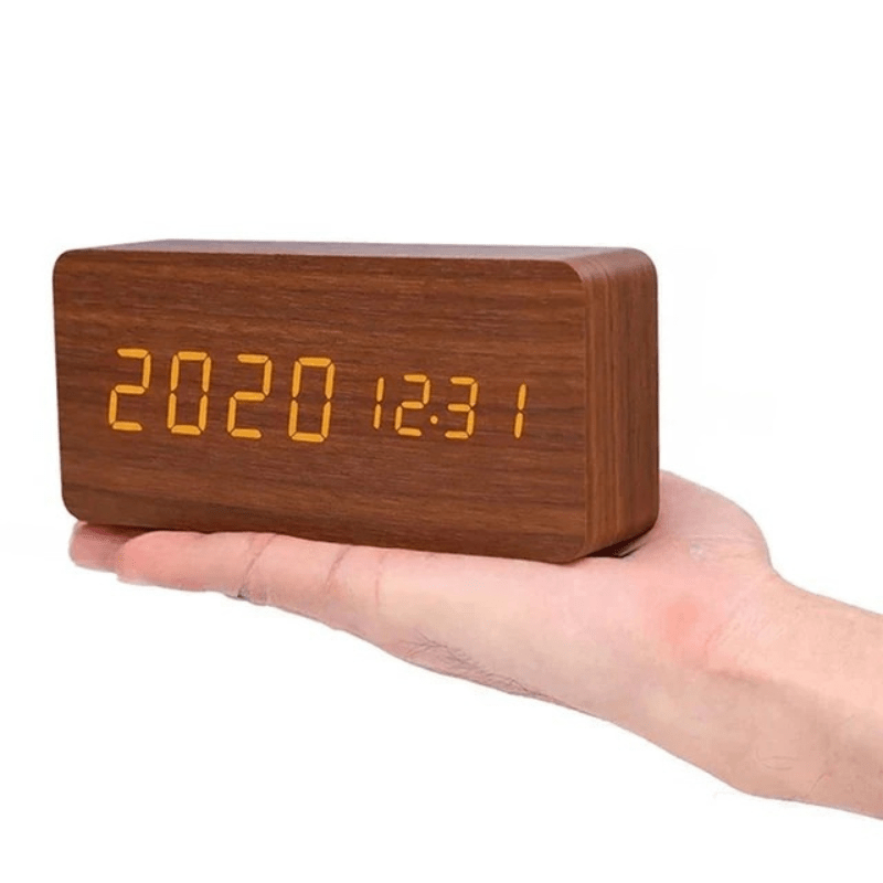 Wooden Digital Alarm Clock - LED Display and Voice Control