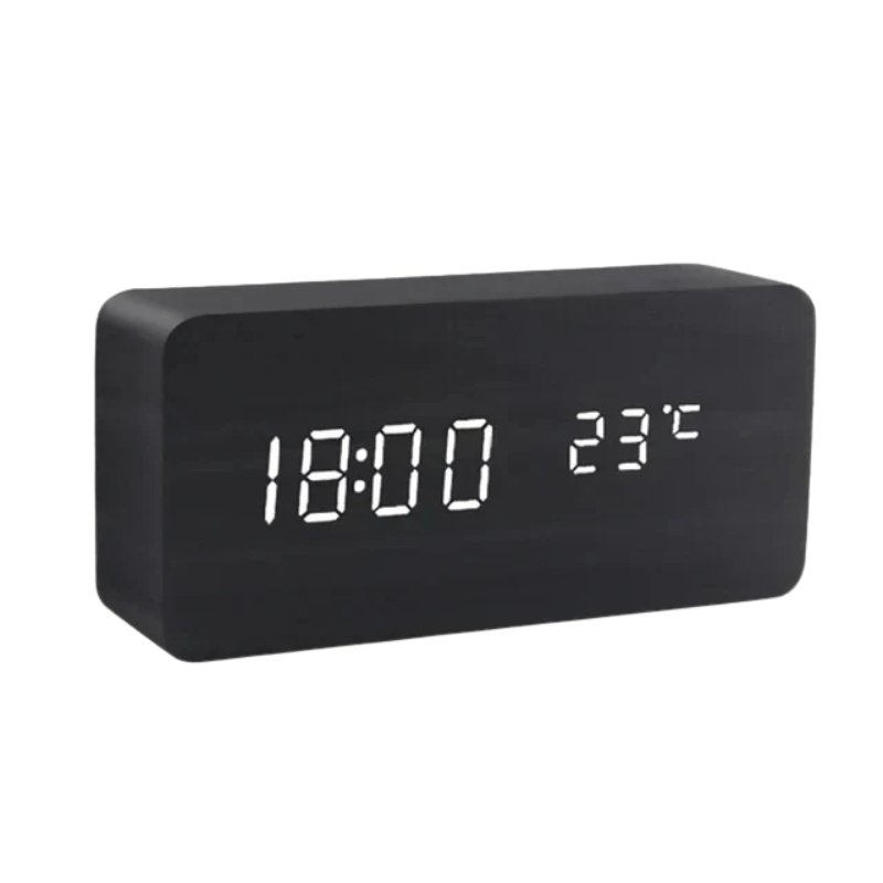 Wooden Digital Alarm Clock - LED Display and Voice Control