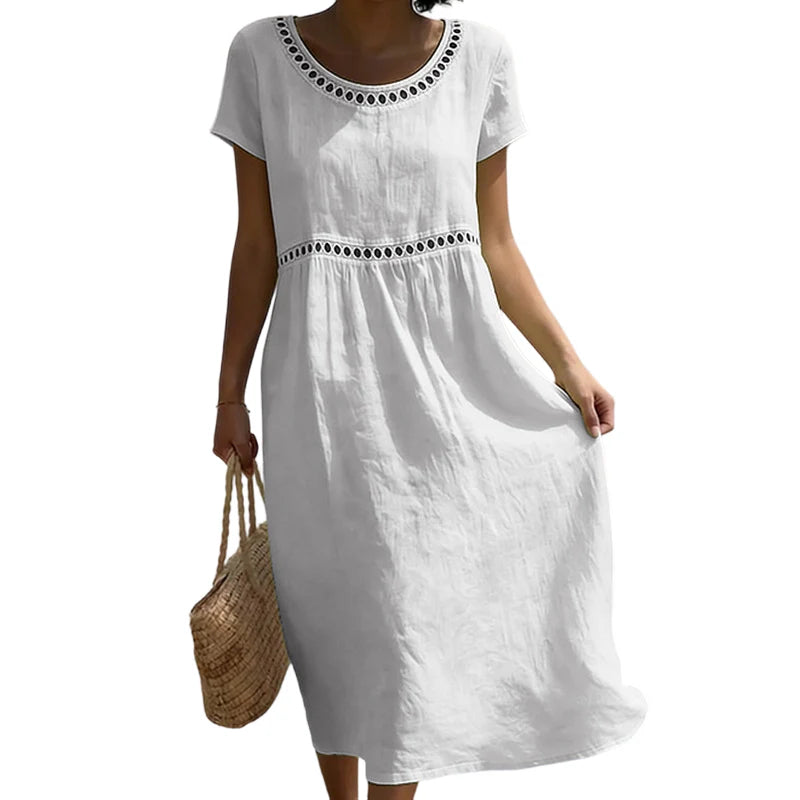Dames Midi Jurk Linnenlook – A-lijn met Kanten Details