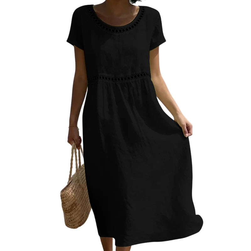 Dames Midi Jurk Linnenlook – A-lijn met Kanten Details