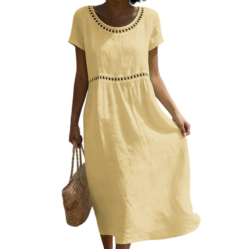 Dames Midi Jurk Linnenlook – A-lijn met Kanten Details