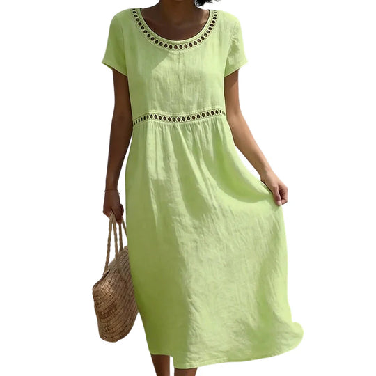 Dames Midi Jurk Linnenlook – A-lijn met Kanten Details