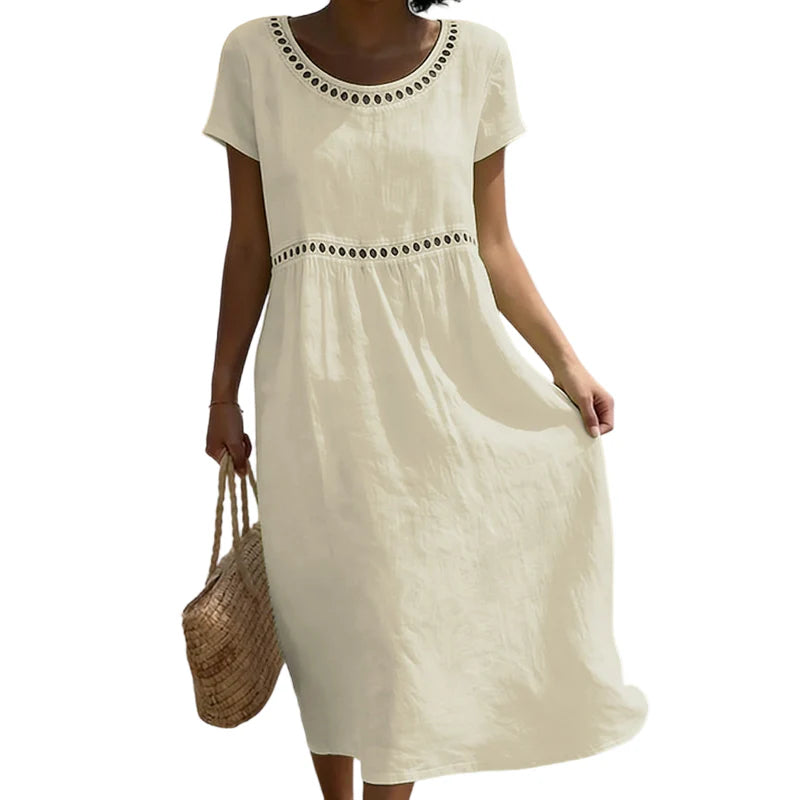 Dames Midi Jurk Linnenlook – A-lijn met Kanten Details
