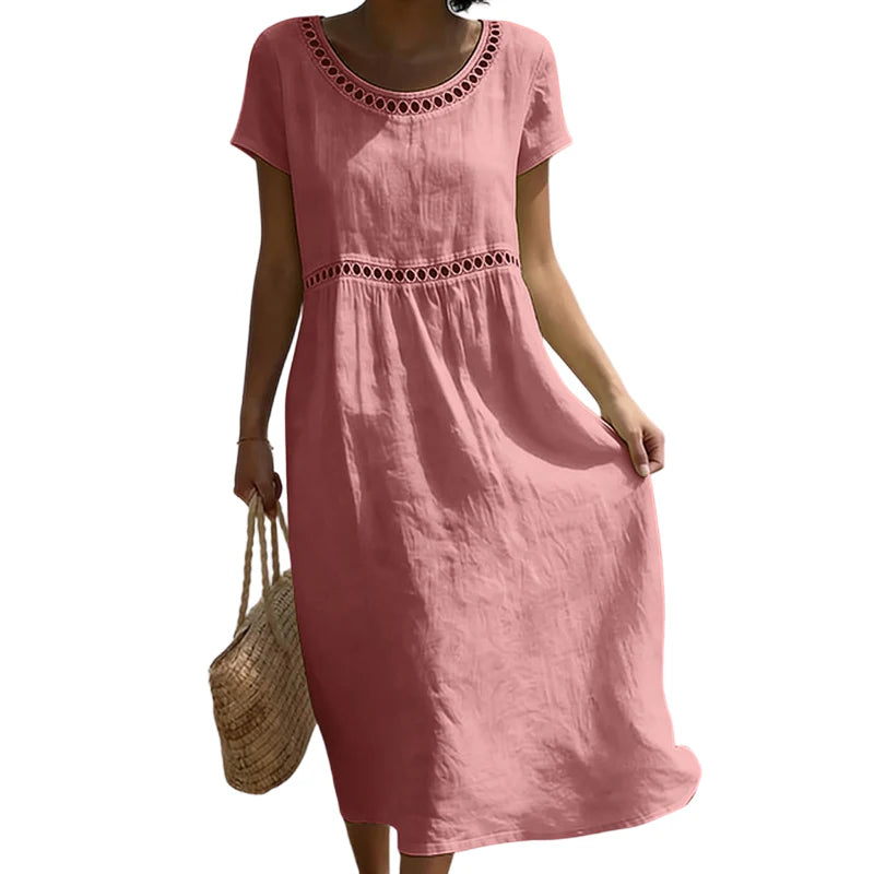 Dames Midi Jurk Linnenlook – A-lijn met Kanten Details