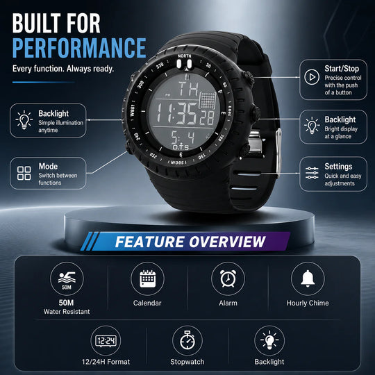 Digitaal Sporthorloge – Waterdicht & Schokbestendig met LED, Alarm en Stopwatch